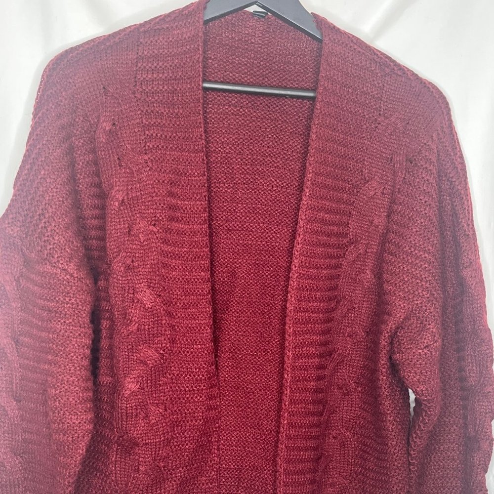 Women's Soft Knit Wine Red Cardigans with Chunky Sleeves and an Open Front.